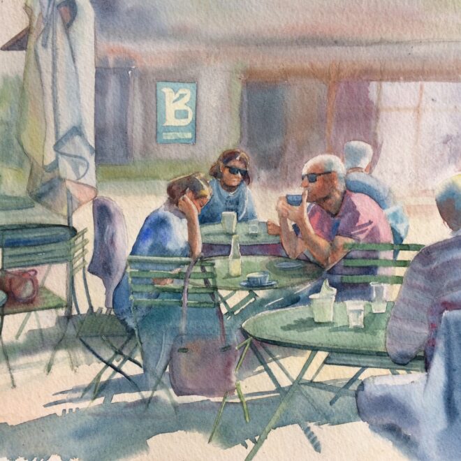 Tea at Burwash. Watercolour by Mel Collins