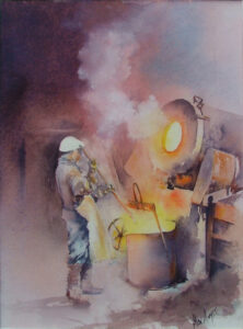 Casting the bell. Watercolour by Alan Noyes