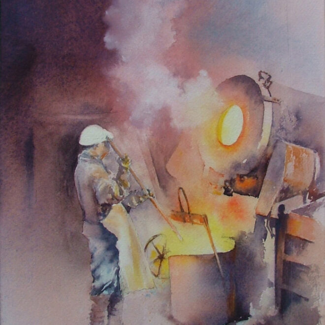 Casting the bell. Watercolour by Alan Noyes