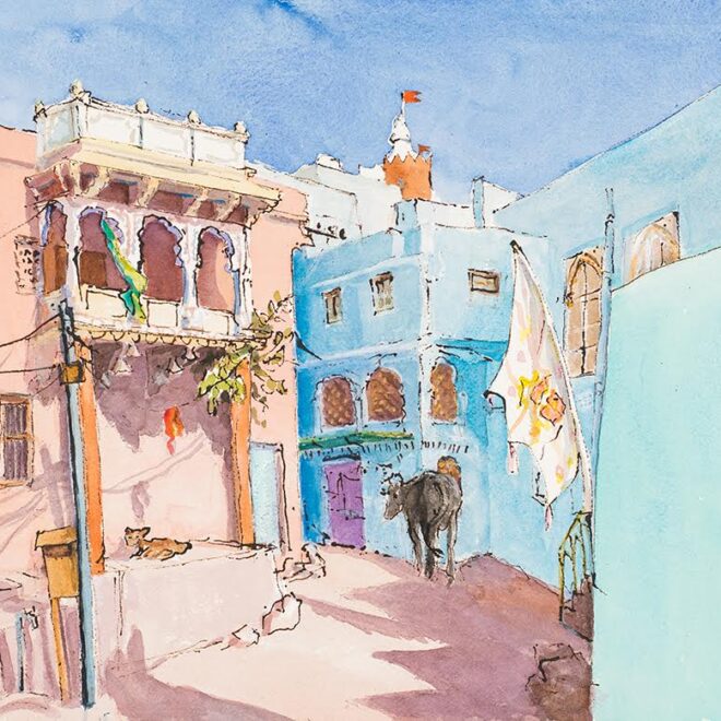 Jogphur India. Watercolour and Ink by Virginia Albutt