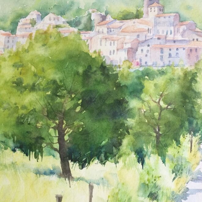 View across the valley to Palalda. Watercolour by Susanne Taylor