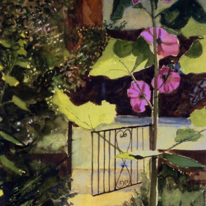 Hollyhock Garden. Watercolour by Charles Nightingale