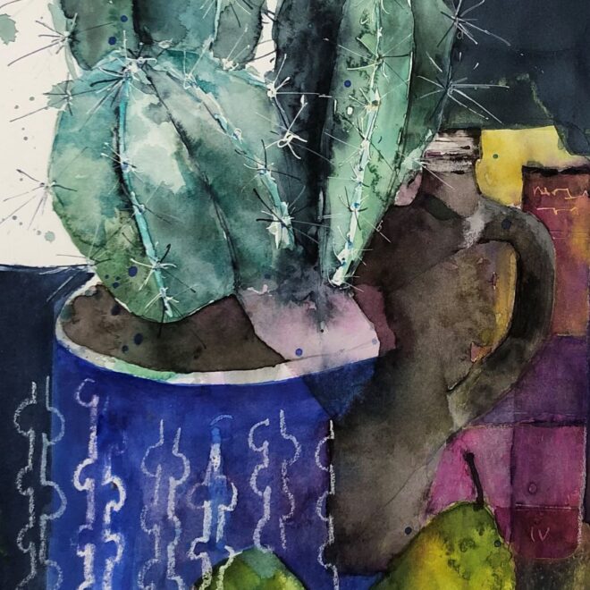 Carol Whitehouse Cactus and Pears The Royal Institute of Painters in Watercolours Award (1)